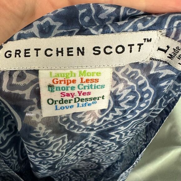 Gretchen Scott Blue Print Silk Tunic Top Semi Sheer Resort Beachy Size L - Picture 9 of 9